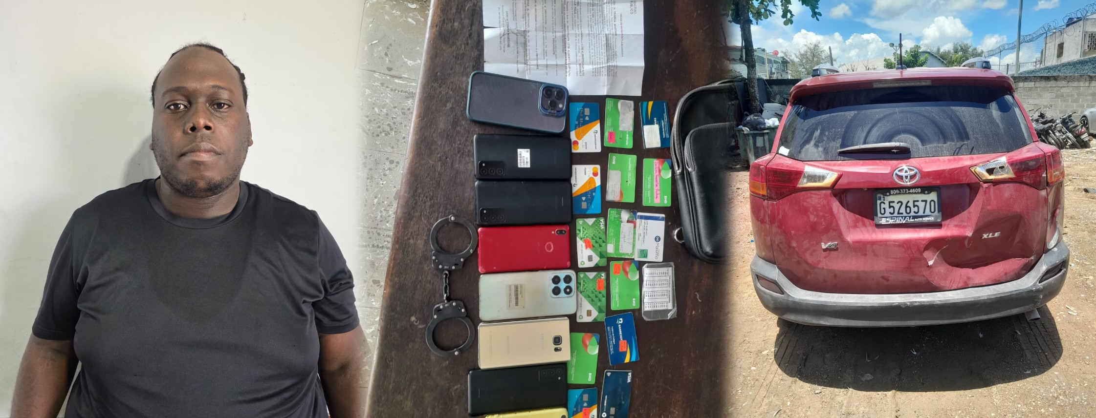 Detienen hombre en Monte Plata con vehículo robado, múltiples tarjetas, celulares, y artículos sospechosos durante operativo policial