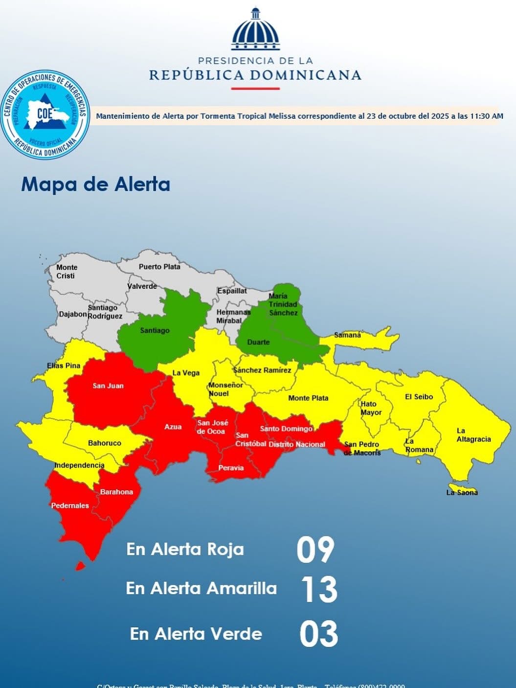 Monte Plata entre las provincias en alerta amarilla por tormenta tropical Melissa